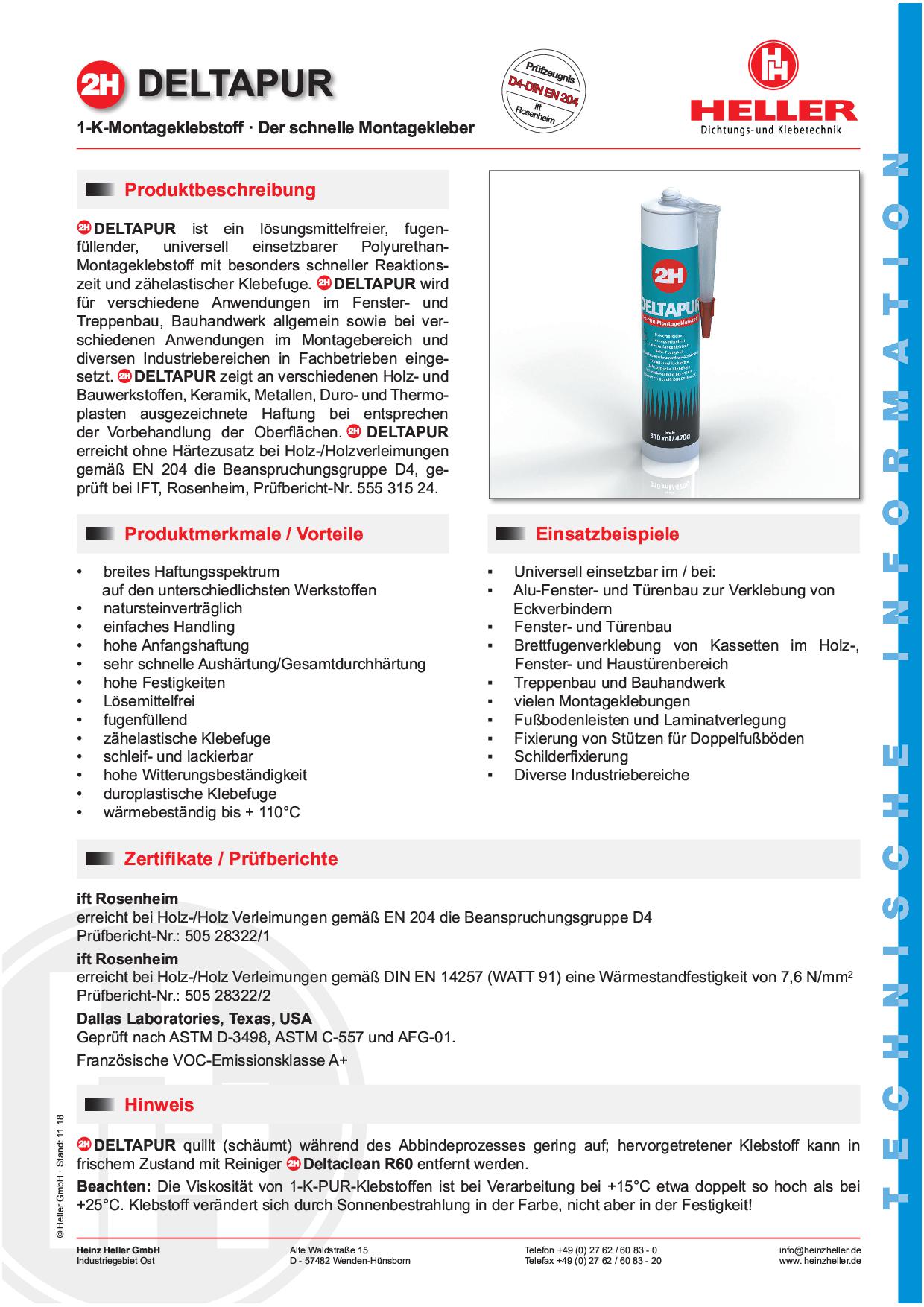 Produktdatenblatt-2H-DELTAPUR-1-K-PUR-Montageklebstoff 2H DELTAPUR 1-K-PUR-Montageklebstoff, beige Kartusche á 310 ml