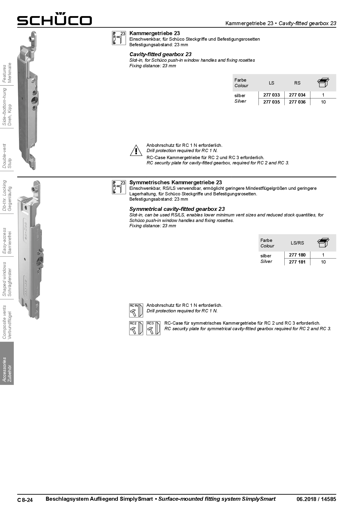 Schüco 277033 / 277035 Kammergetriebe 23 mm AvanTec SimplySmart, asymmetrisch, DIN links