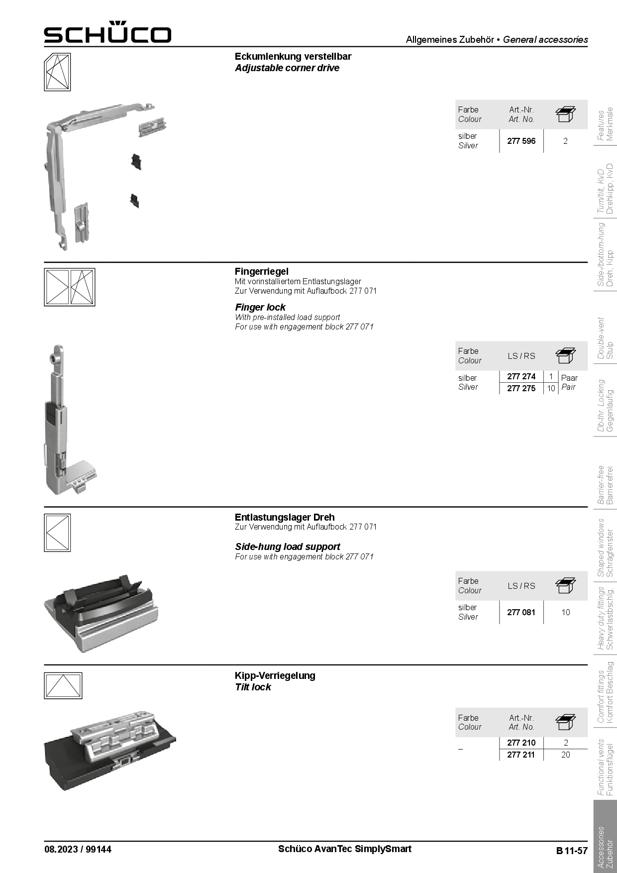 Schüco 277210 / 277211 Kipp-Verriegelung AvanTec SimplySmart (Vorgängerartikel 243209 + 243210)