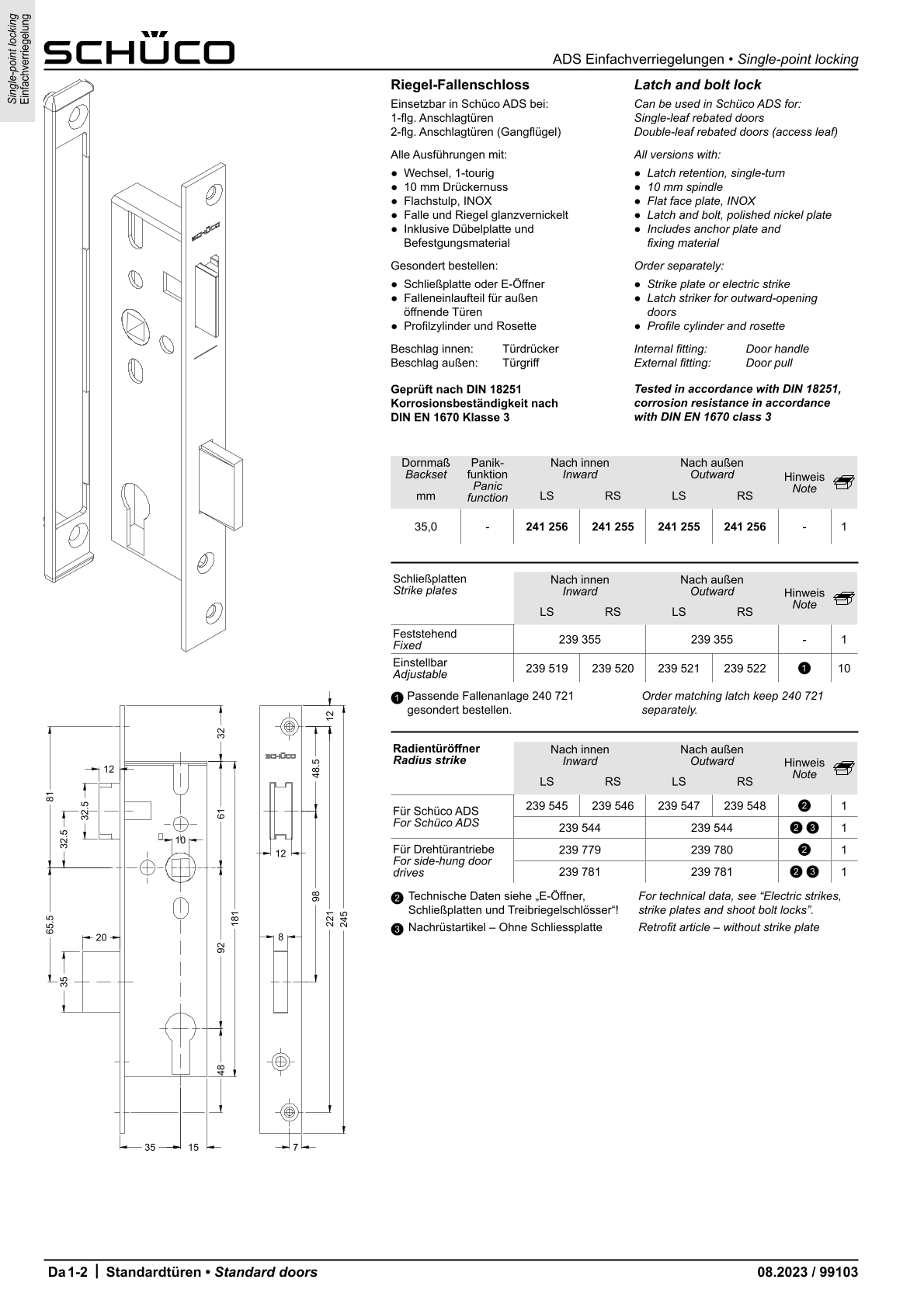 Schüco 241255 Riegel-Fallenschloss
