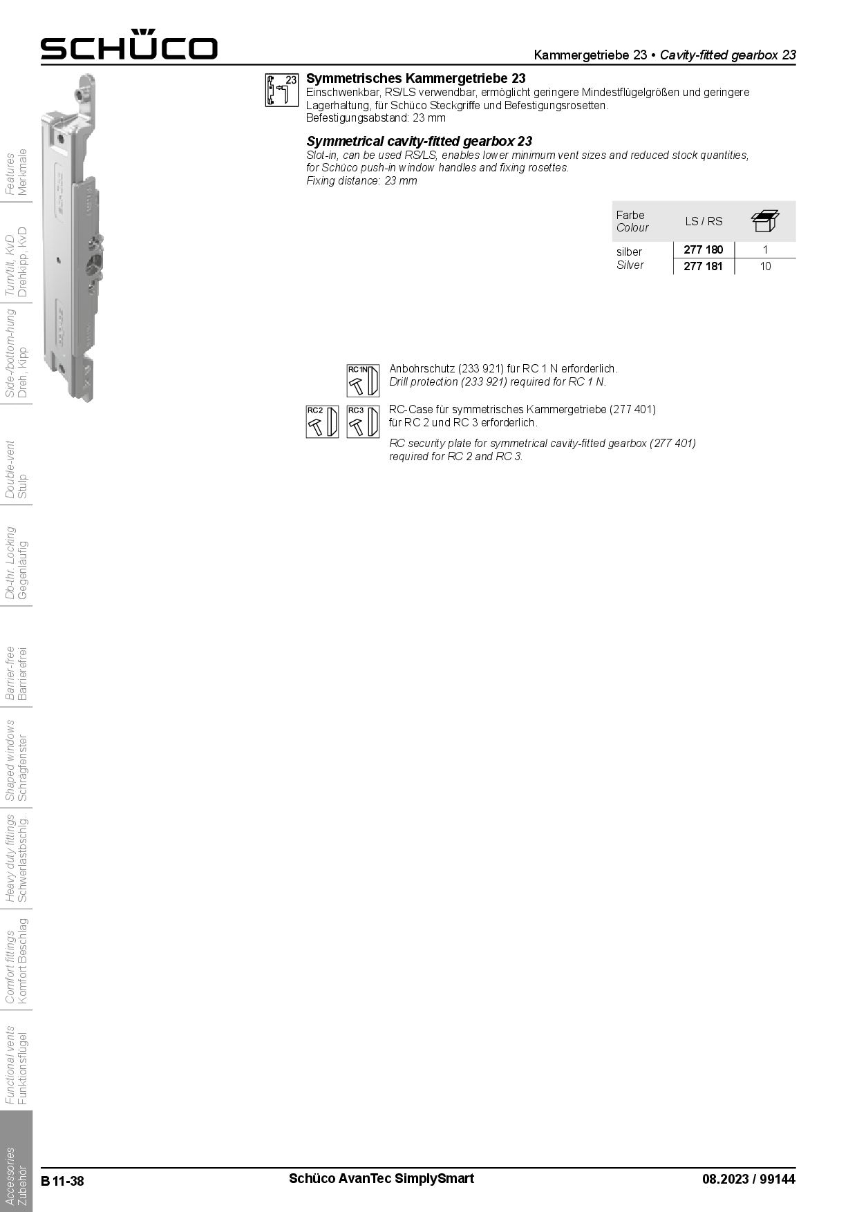 Schüco 277180 / 277181 Kammergetriebe 23 mm AvanTec SimplySmart, symmetrisch, DIN links + rechts