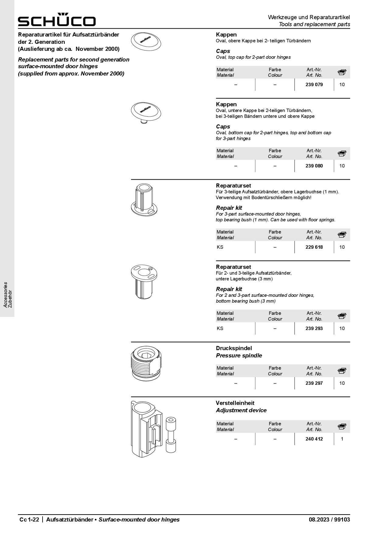 Schüco Reparaturartikel für 2- und 3-teilige Aufsatztürbänder 239293, untere Lagerbuchse