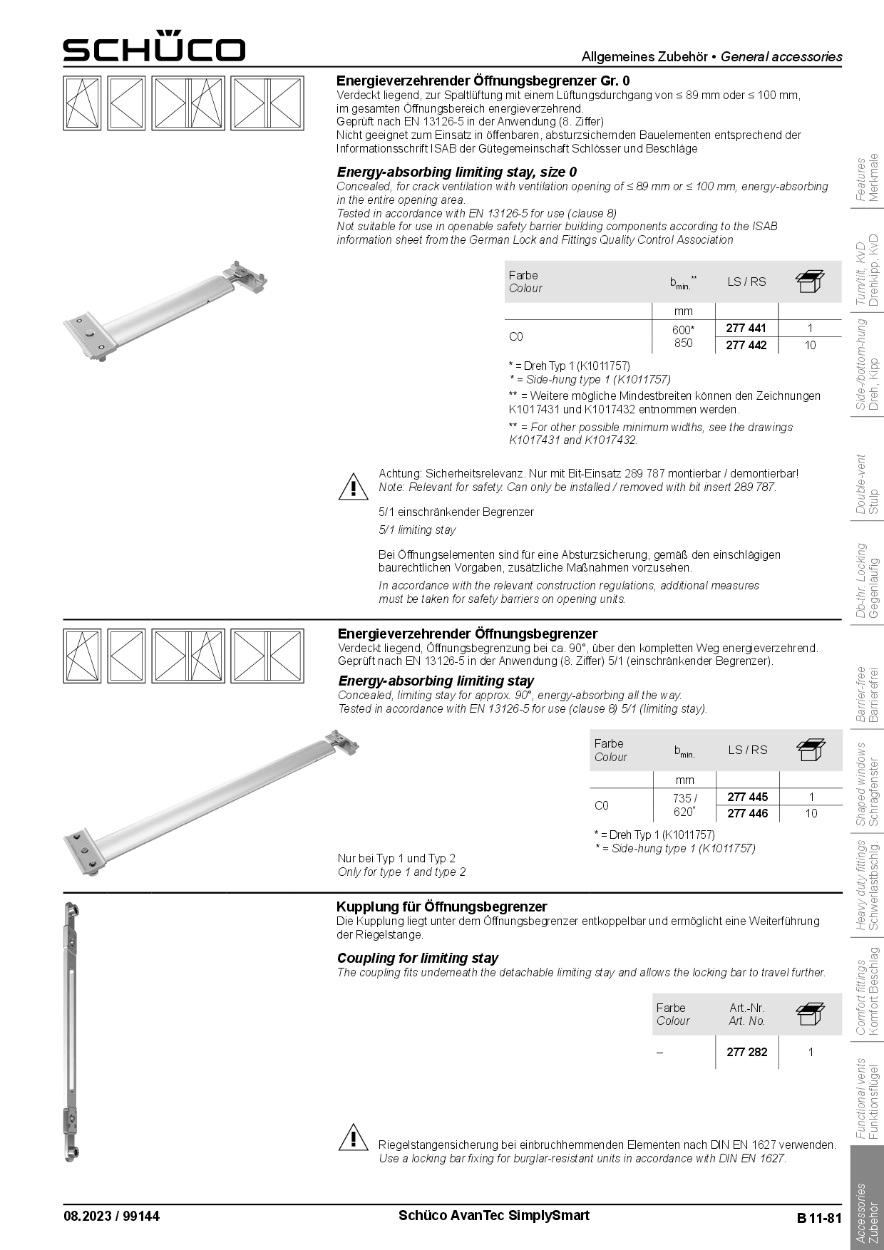 Schüco 277445 / 277446 Energieverzehrender Öffnungsbegrenzer Gr. 2 (Vorgängerartikel 223589 + 277167)