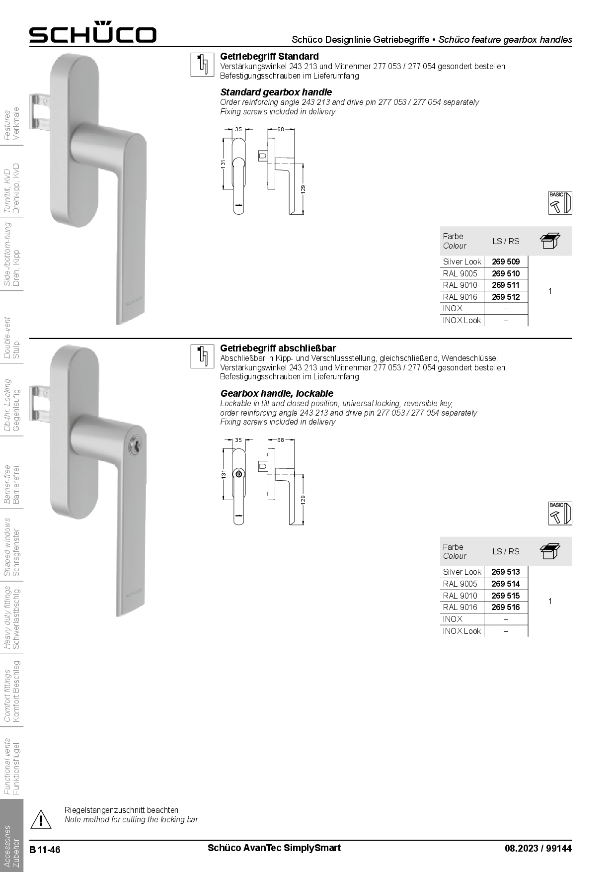 Schüco abschließbarer Fenstergriff Drehgetriebe, Alu RAL 9016 weiß 269516 (Nachfolger zu 214792)